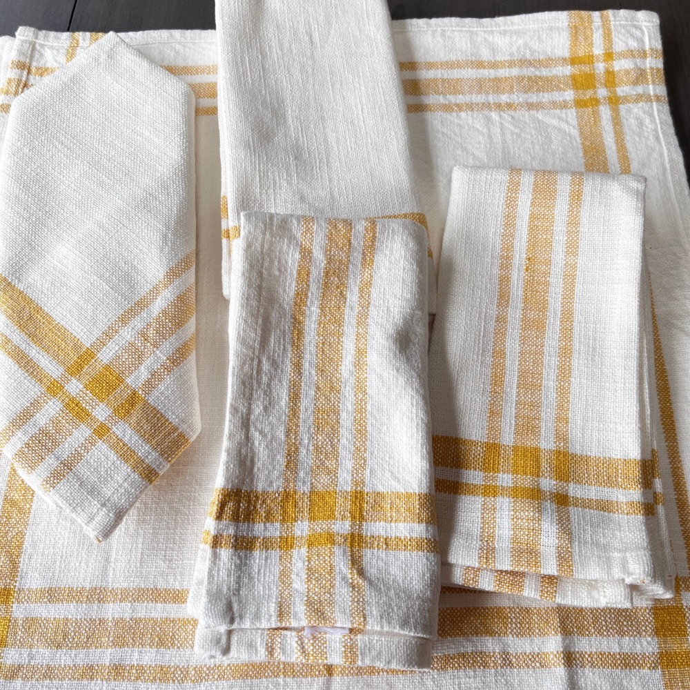 Shabby Chic Set 8 Cotton Napkins Golden Yellow Ivory Plaid Woven 18"